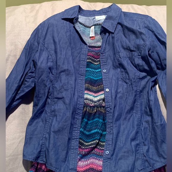 Cute colorful comfy Chevron stripe print dress sz L denim top shirt blue purple - Picture 8 of 16